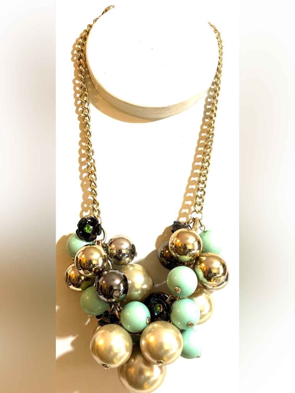 Gold Statement Necklace with Mint Bead Clusters